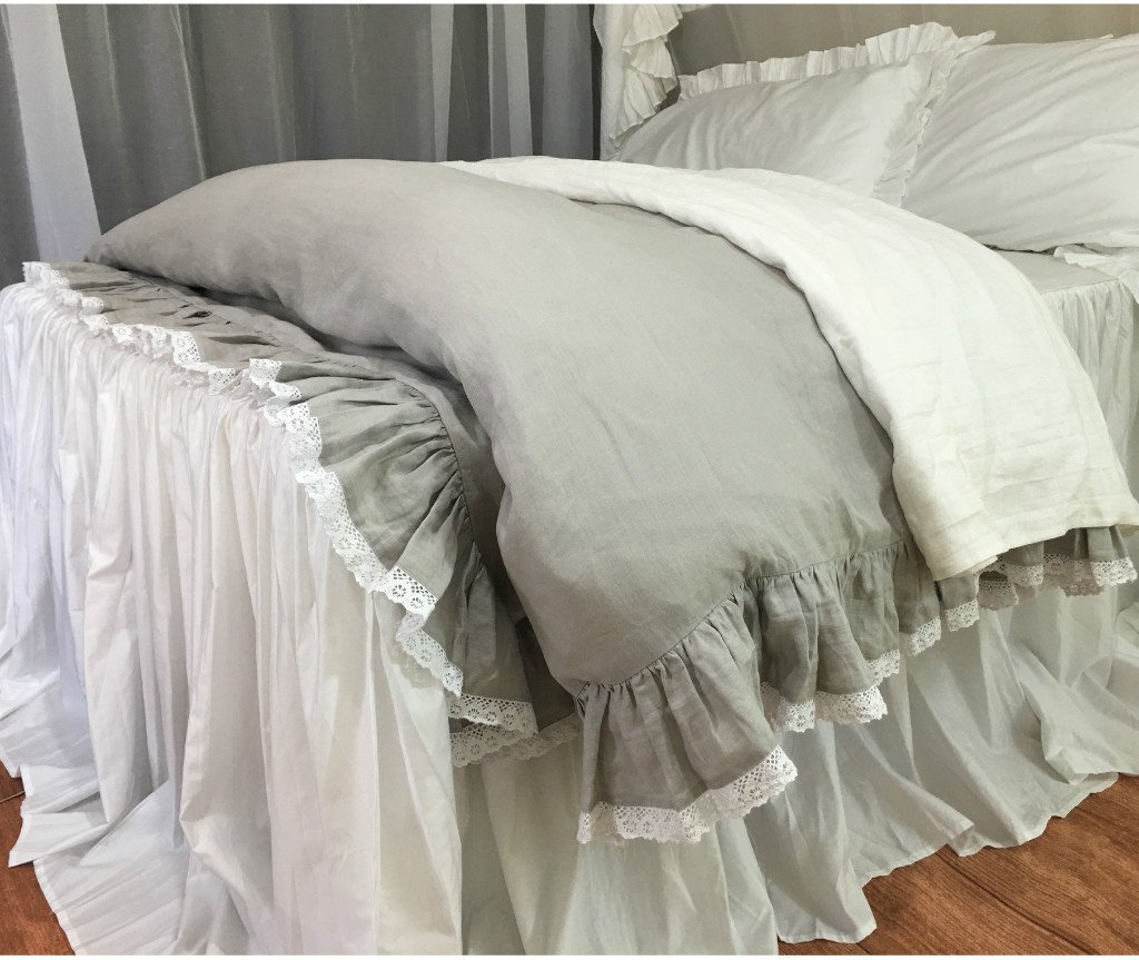 Amazon Com Stone Grey Linen Ruffle Duvet Cover With Lace Hem