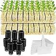 100 Set Rockwool Grow Cubes with Net Pots, Including 100 Packs 2 Inches Plastic Net Pots, 100 Rock Wool Planting Cubes and 100 Plant T-Type Tags for Hydroponics Garden Tower Supplies