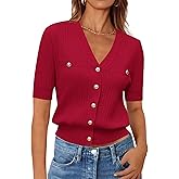 Zenlonr Women's 2025 Summer Button Down Shirts Casual Short Sleeve Blouse Tops V Neck Ribbed Knit Cardigans