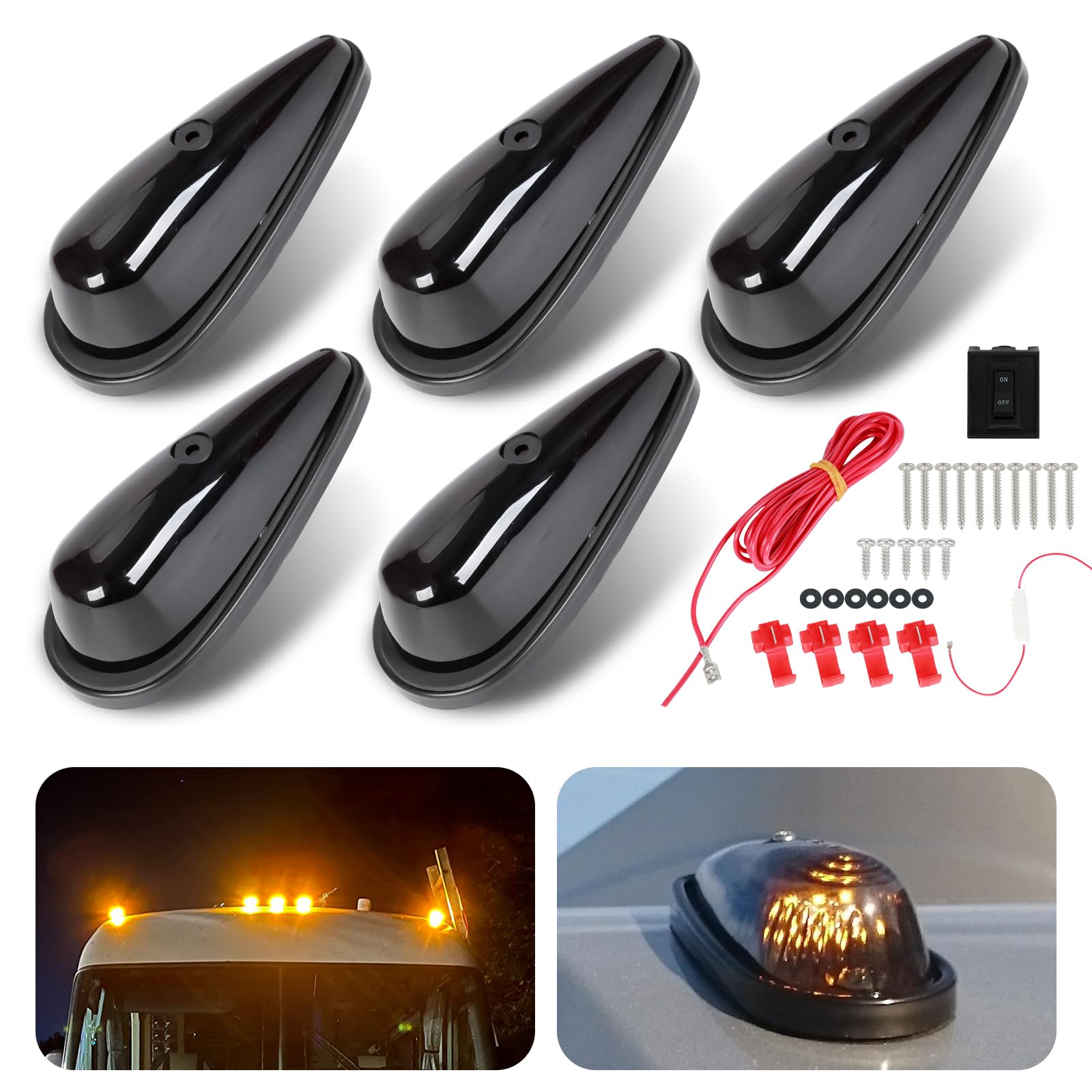 Photo 1 of FSBCGT 5Pcs Smoke Lens Teardrop Cab Light 9LED Amber Cab Marker Light Front Top Clearance Roof Running Light w/Wires & Mounting Kit for Trucks, Pickups,Vans, Semis and RVs