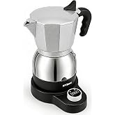 KITfanz Electric Moka Pot, St. Steel &amp; Alum Espresso Maker, 3/6 Cup, Silver | 4 Brew Modes, Auto Shut-Off, Stainless Steel &amp; Aluminum Design, Portable for Travel, Espresso-Style Strong Coffee