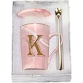 Letter K Personalized Initial Mugs with Flower, Letter K Personalized Novelty Coffee Mug, Novelty Letter Coffee Mugs for Women, Bridal Shower Gifts, Women's Initials Gifts Coffee Mug 14 Ounce Pink