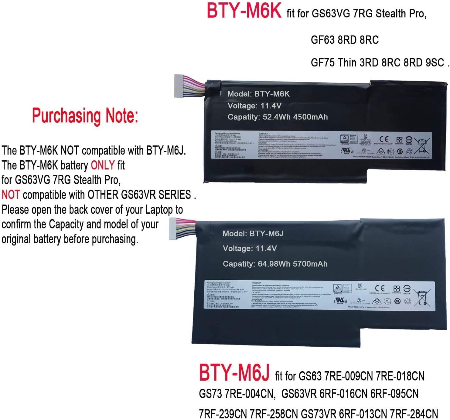 ASKC BTY-M6K Laptop Battery for MSI MS-17B4 MS-16K3 GS63VR 7RG Stealth Pro 7RG-005 7RG-036CN GF63 8RD-031TH 8RC-034CZ 9SC GF75 Thin 3RD 8RC 8RD 8SC 9SC-088CN Series 11.4V 52.4Wh 4500mAh - Image 4