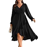 RWJ Women's Plus Size Wedding Guest Maxi Dress Wrap V Neck Long Sleeve High Low Ruffle Cocktail Fall Dresses