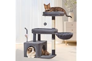 Taoqimiao MS043G Cat Tree, 32.2-Inch Cat Tower for Indoors Cats, Cat Condo with Large Cat Perch, Spacious Cat Cave, Scratching Posts for Small and Medium Cats, Smoky Gray