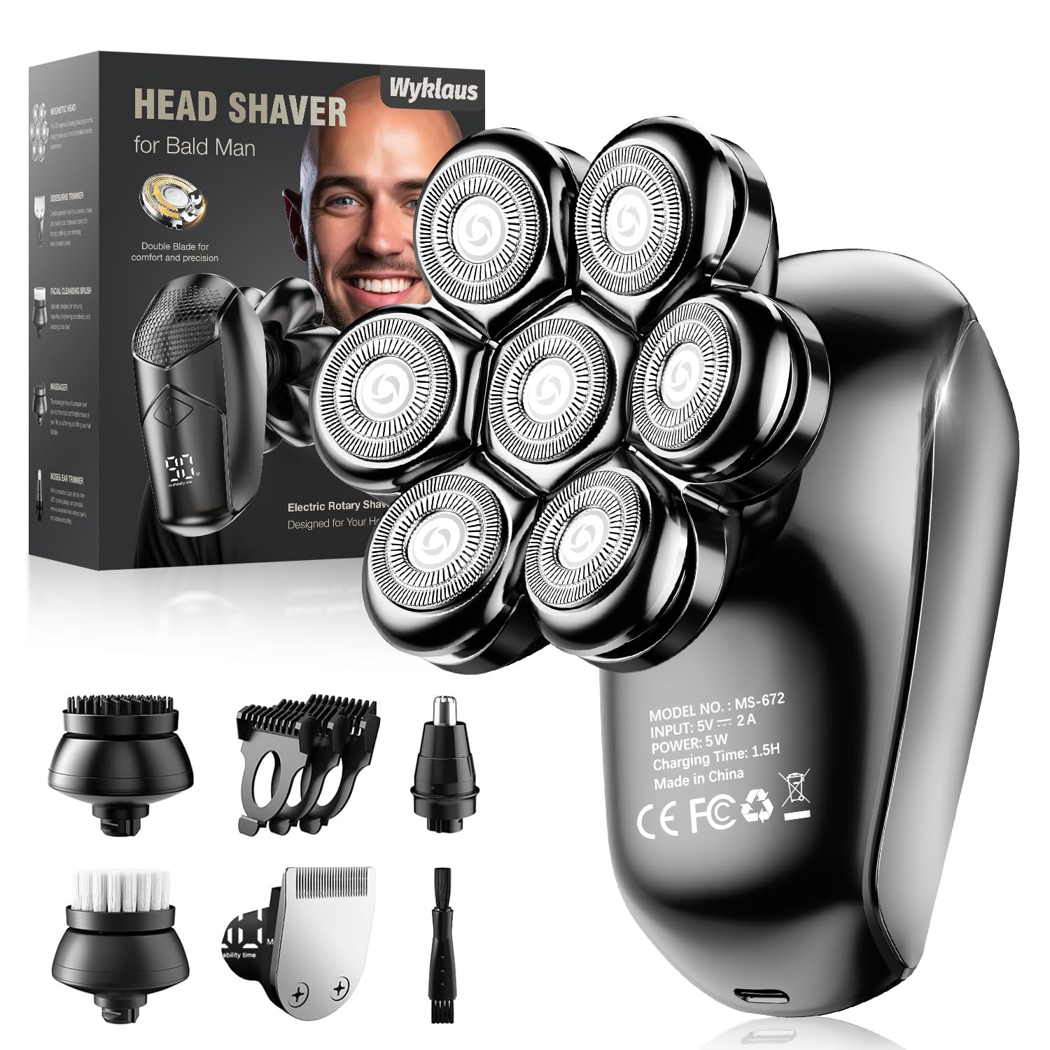 Photo 1 of Wyklaus Head Shaver for Men: Bald Electric Razor IPX7 Waterproof- 5-in-1 Detachable Wet Dry Grooming Kit-Rotary Shaver with LED Display- Type-C Charge - Father Gift for Dad