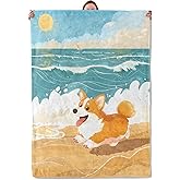 Mounidso Beach Corgi Blanket, Playful Puppy Flannel Blanket Gifts for Women, Soft Warm Lightweight Corgi Blankets for Living Room Home Sofa Travel Decor 50" x 60"