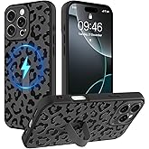 MOWIME Magnetic for iPhone 16 Pro Max Case with Finger Strap, Compatible with Magsafe, Cheetah Print Pattern for Women Girls, Slim Shockproof Soft TPU Case for iPhone 16 Pro Max 6.9 Inch, Black