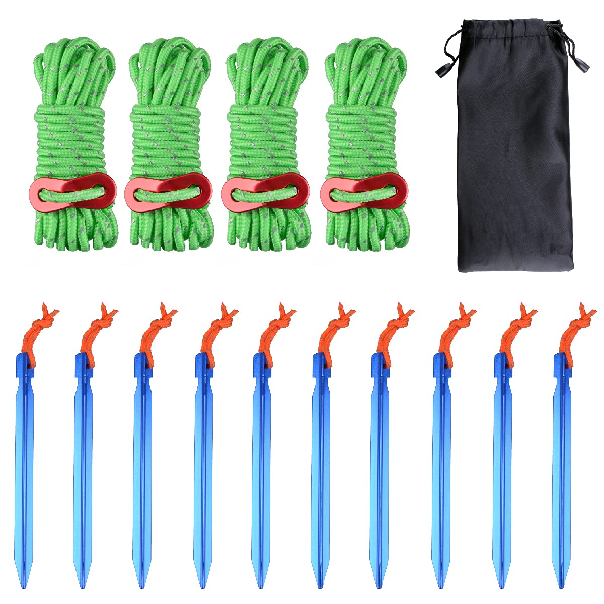 Azarxis Tent Guy Rope 4mm Reflective Guy Line 4m / 13ft Tarp Guide Rope with Aluminum Tensioner Cord Adjuster for Camping Awning Packing Tying Down (Green - 4 Pack + Blue Tent Peg - 10 Pack)