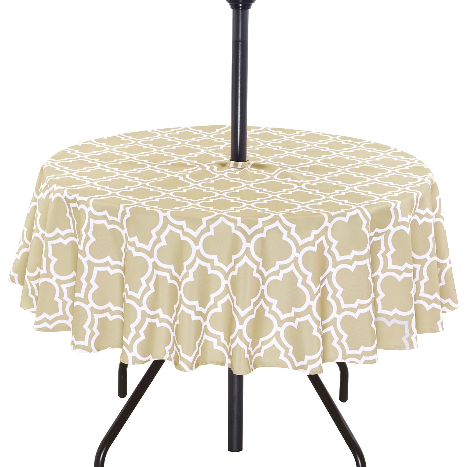 3E Home Outdoor Table Cloth,Splashproof Patio Round Table Cloth with Parasol Hole and Zipper for Garden Picnic BBQ Party [60 inches (152 cm) Khaki Lattice] — image 1