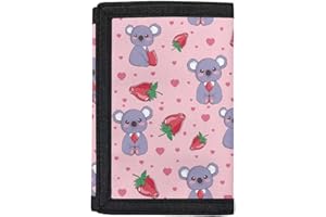 Dolyues Koala Strawberry Print Kids Trifold Wallet for Girls Cute Pink Portable Slim Canvas Wallet Purse for Travel Outdoor