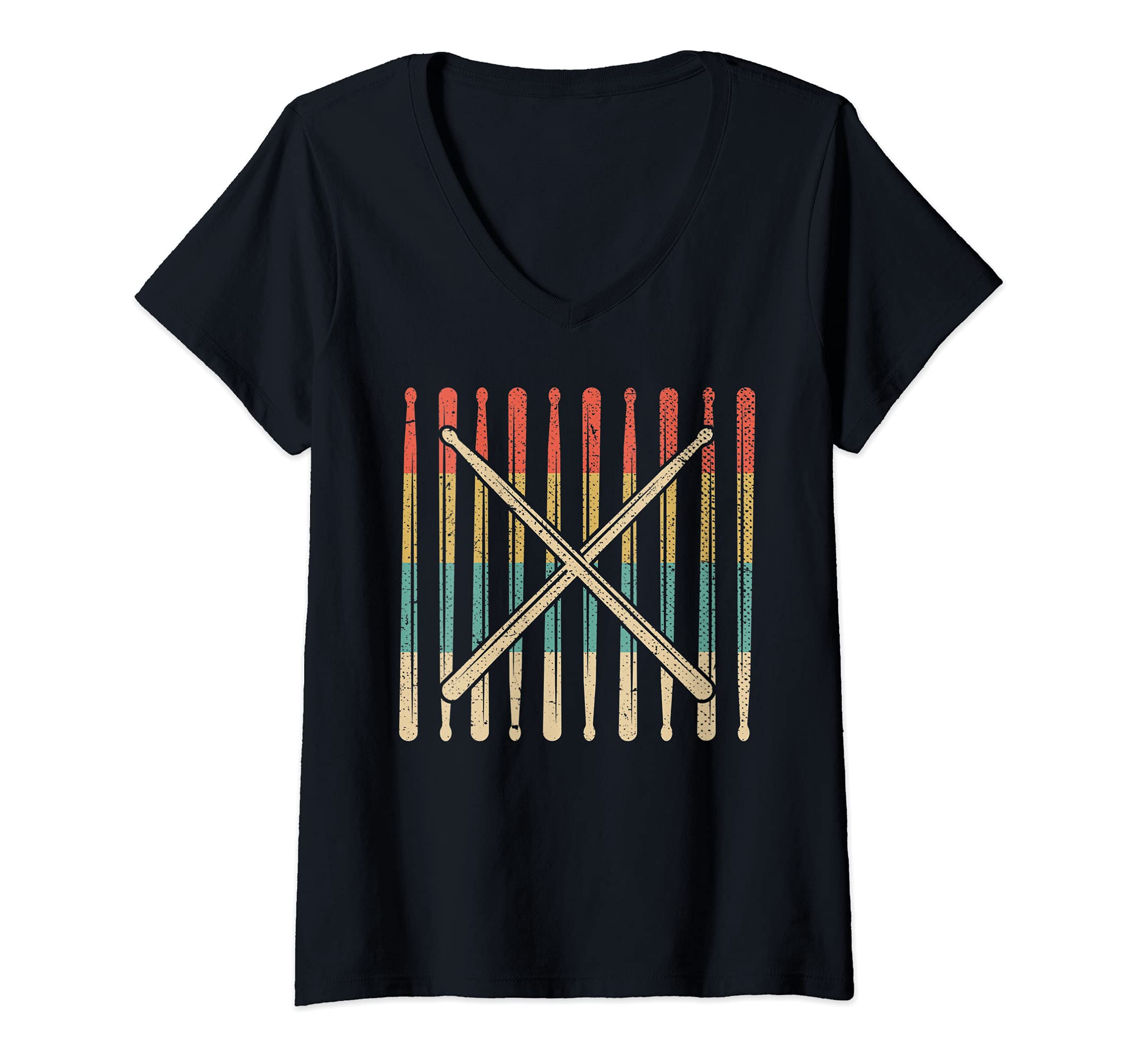 Womens Percussion Music Drums Player Drumsticks Drummer Retro Drums V-Neck T-Shirt