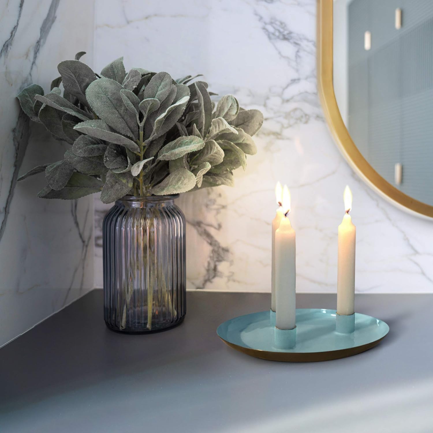 Allegorie Candle Holders for Dining Table Centrepieces | 3 Candle, Turquoise and Gold Candleholder | Create Boho Scandinavian Decor with a Candle Plate, Stand and Tray | Metal Candlestick Holder: Home & Kitchen