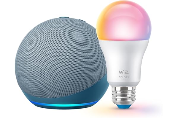 Echo 4th Gen (newest model) with WiZ 60W A19 LED Smart Color Bulb - Connects to Your Wi-Fi - E26 Base - Control with Voice or App - Matter Compatible