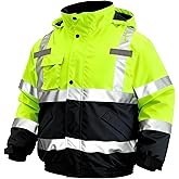 Rhino Hit Safety Jacket for Men, Waterproof High Visibility Reflective Bomber Jacket with Pockets and Zipper, ANSI Class 3