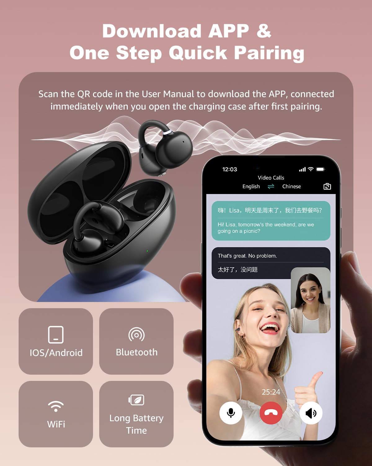 AI Translation Earbuds Real Time, 163 Languages & Accents Translator Ear Buds Audífonos Traductores Inglés Español Open Ear Earbuds Wireless Headphones for Travel Business Learning