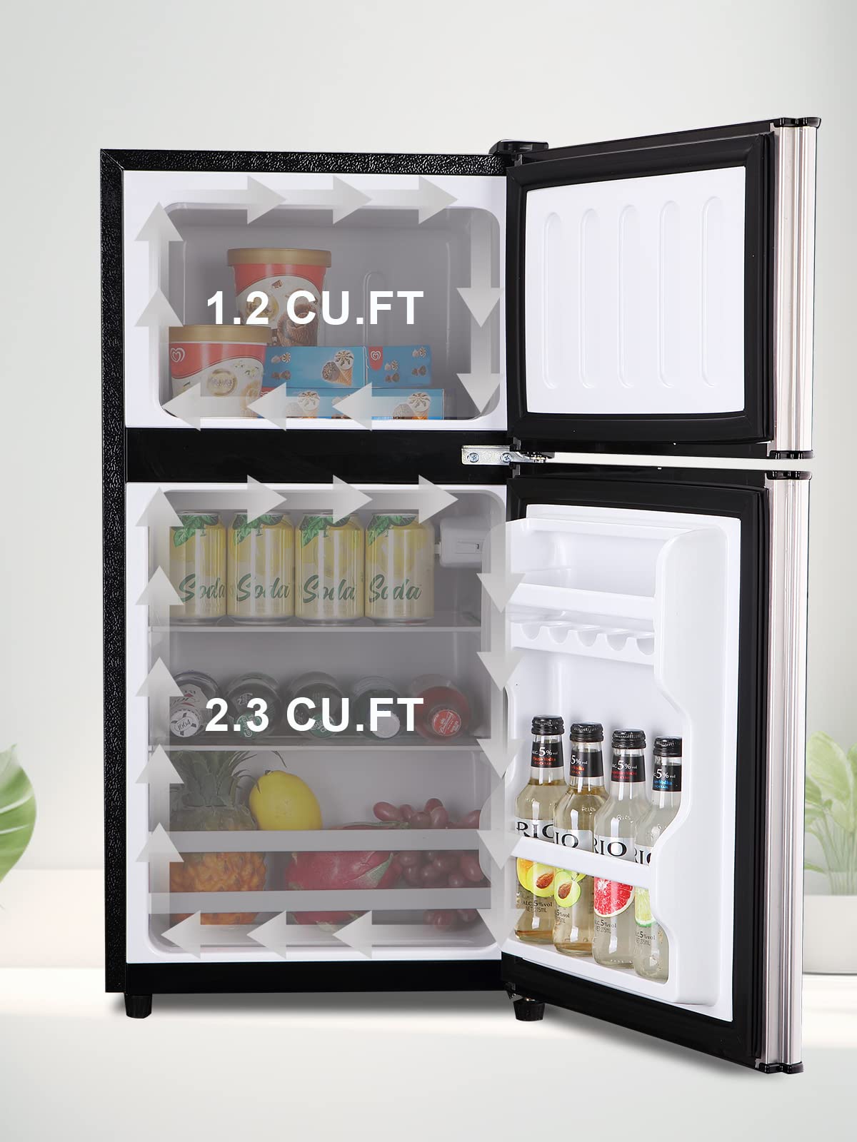 KRIB BLING Mini Fridge With Freezer,Compact Refrigerator With 2 Doors,7- Level Adjustable Thermostat, Removable Glass Shelves For Bedroom, Office, Kitchen, Apartment, Dorm, 3.5 Cu. Ft Silver
