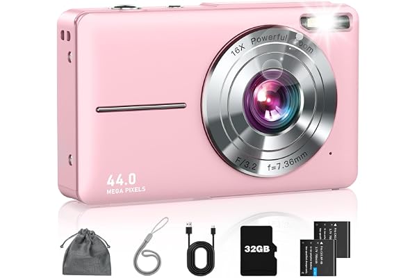 Lecran Digital Camera, FHD 1080P Point and Shoot Camera for Kids Teens Starters, with 32GB Card 16X Zoom Anti Shake Date Stamp, Compact Small Camera Christmas Birthday Gift for Boys Girls, Pink