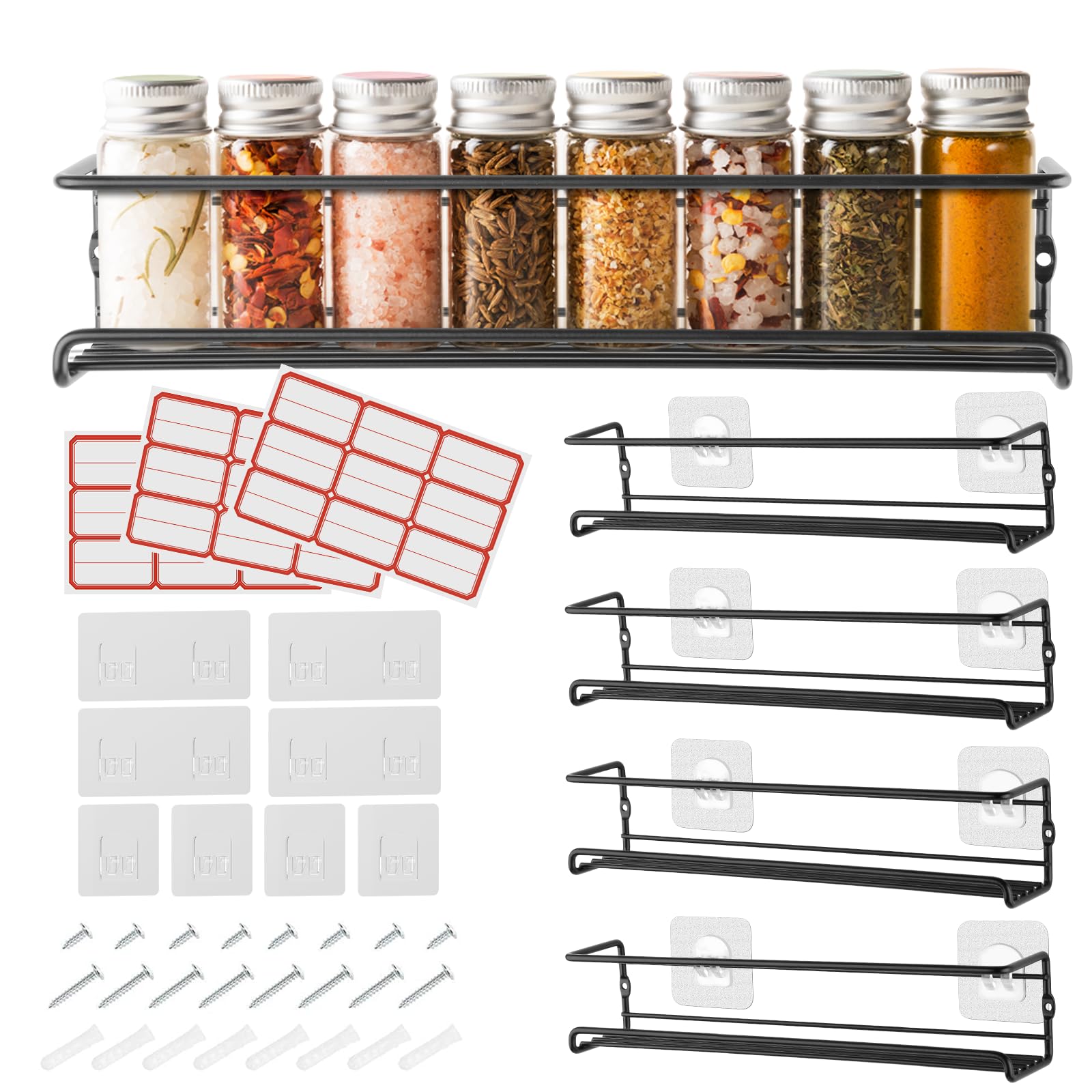 GEEDIAR Spice Racks Organiser - 4 Tier Hanging Stainless Steel Wall Mounted with Adhensive Stickder & Screws - Kitchen & Pantry Shelf for Condiments, Spice Jars (Black)