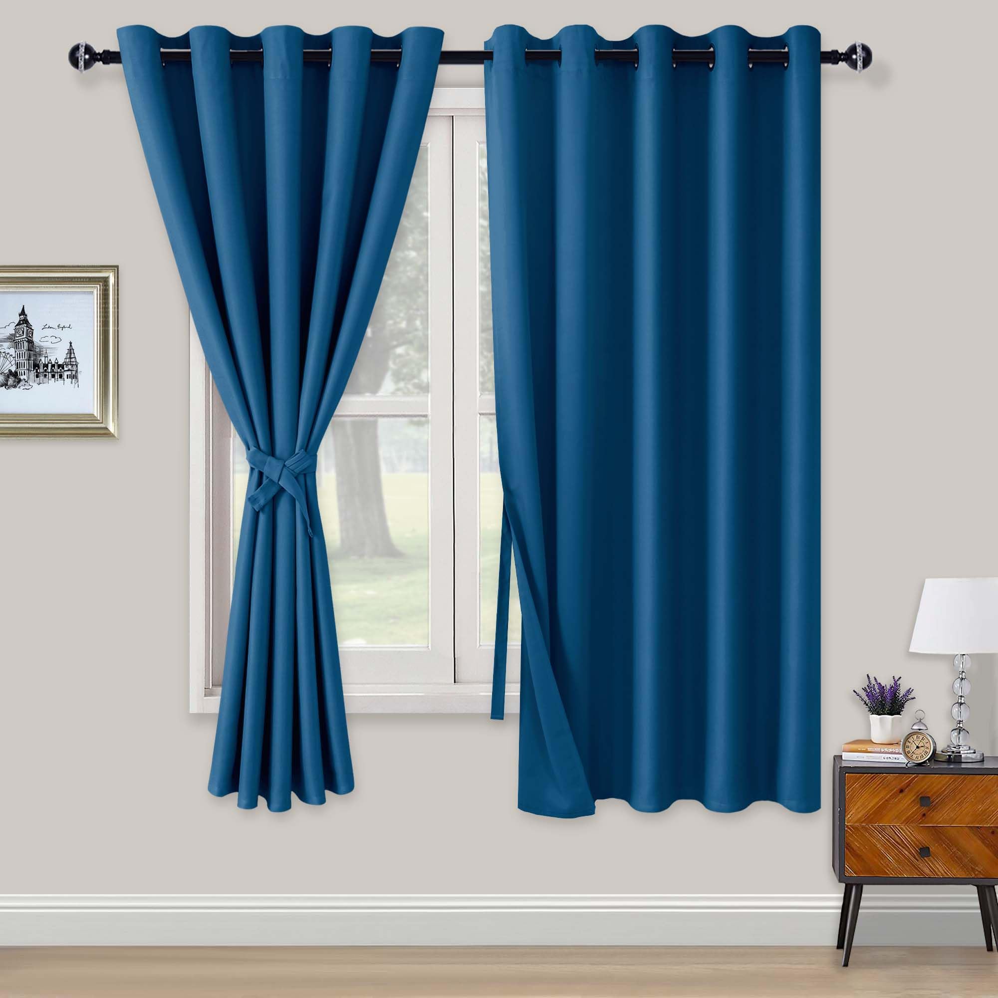 XWZO Blackout Curtains Shades Window Curtain Panels with Tiebacks- Noise Reduction and Thermal Insulated Eyelet Curtains for Bedroom,Living Room,Office,Study Room Blue W66xL72