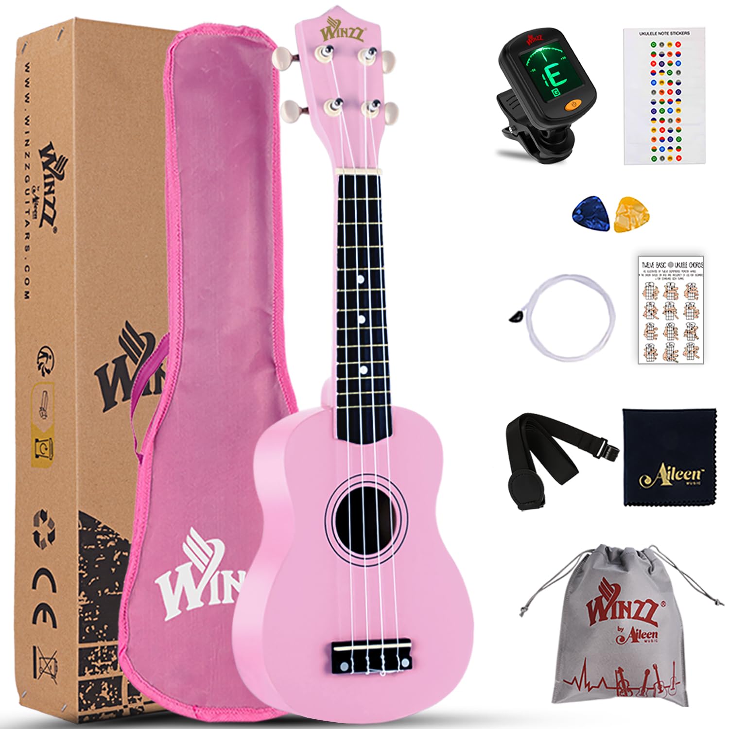 Winzz Soprano Ukulele Starter Kit For Beginners with Bag, Clip-On Tuner, Extra Strings, Strap, Plectrum, Fret Stickers, Chords Card, Polishing Cloth, Pink