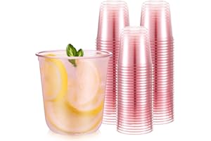 Ziliny 50 Pcs Disposable Stemless Glasses 12oz Crystal Plastic Wine Glasses Clear Classic Pet Cup for Meeting Weddings Birthdays Cocktail Christmas Party Supplies (Pink)