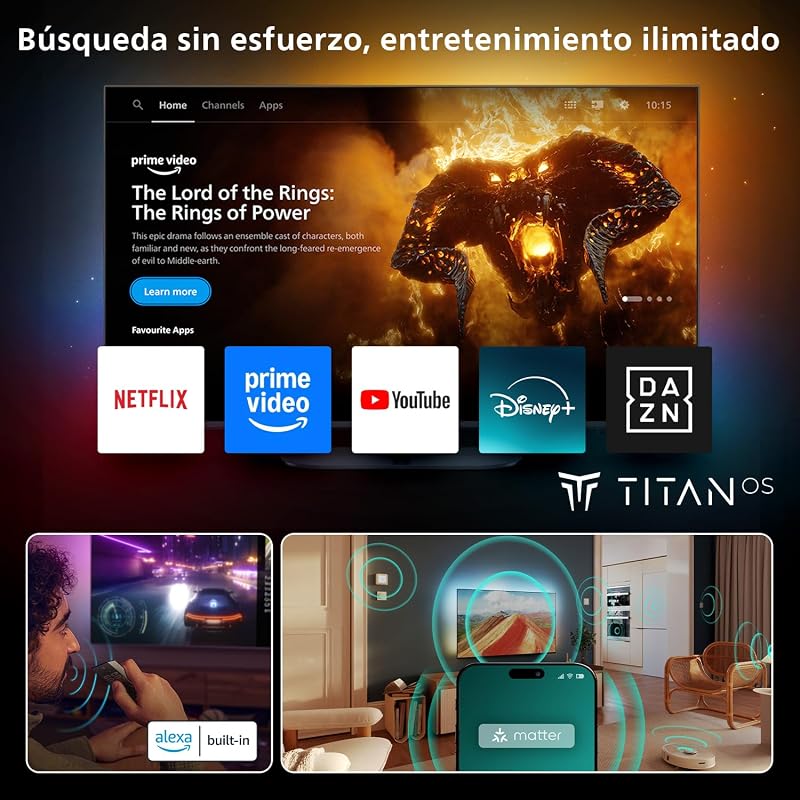 Ambilight 75PUS8510 4K QLED Smart TV - Pantalla de 75 Pulgadas con Plataforma Titan OS, Pixel Precise Ultra HD y Sonido Dolby Atmos - Funciona con Alexa y con el Asistente de Voz de Google