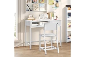 MAHANCRIS Kids Desk and Chair Set, Student Writing Desk, Kids Study Desk with Book Sorter and Fabric Drawer, Kids Wooden Study Table, for Study, Kids Room, Bedroom, White KDBW11901N1