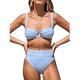 CUPSHE Women's Bikini Set High Waisted Two Piece Swimsuit U Wire High Leg Cut Cheeky Bottom Bathing Suit Back Hook