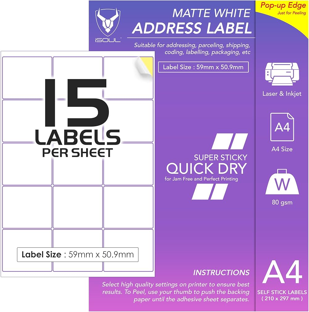 iSOUL 15 Labels Per A4 Sheet 50 Sheets 750 Labels Matte Self-Adhesive 59x51mm