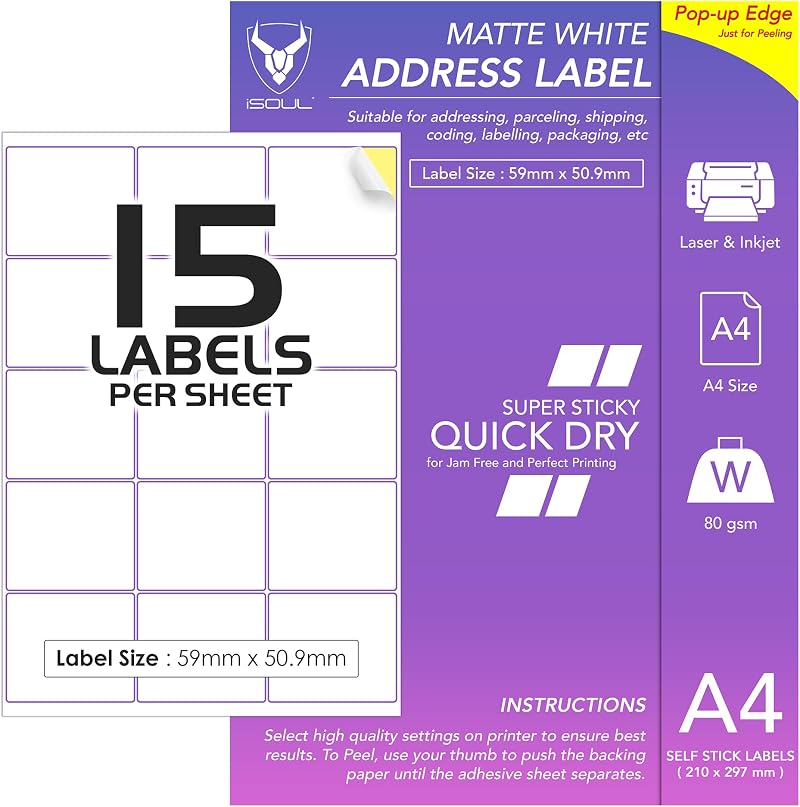 iSOUL 15 Labels Per A4 Sheet 50 Sheets 750 Labels Matte Self-Adhesive 59x51mm
