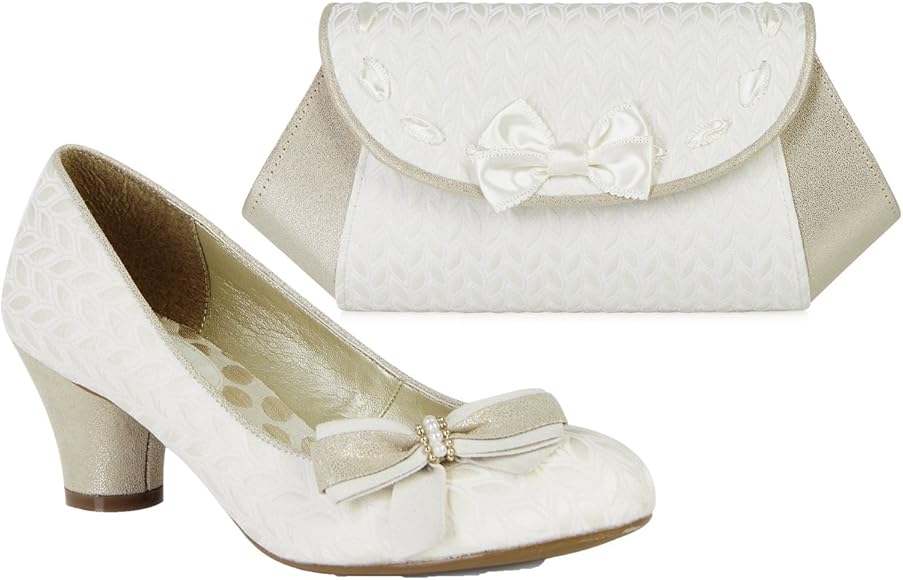 cream court shoes and matching bag