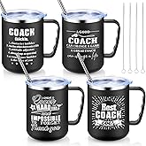Sumind 4 Pcs Coach Gifts Coffee Mug with Lid and Handle 17 oz Stainless Steel Mug Double Wall Vacuum Travel Cup Coaches Appreciation Gift for Soccer Volleyball Basketball(Classic Style)