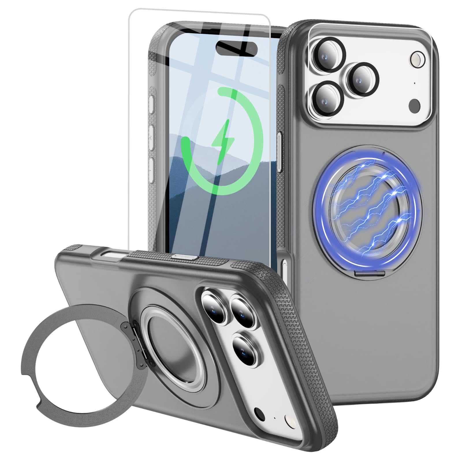 Bonkier for iPhone 17 Pro Case [Compatible with Magsafe] [15 FT Military Grade Drop Protection] with Screen Protector & Lens Protector,Shockproof Kickstand Phone Case for iPhone 17 Pro (Gray)