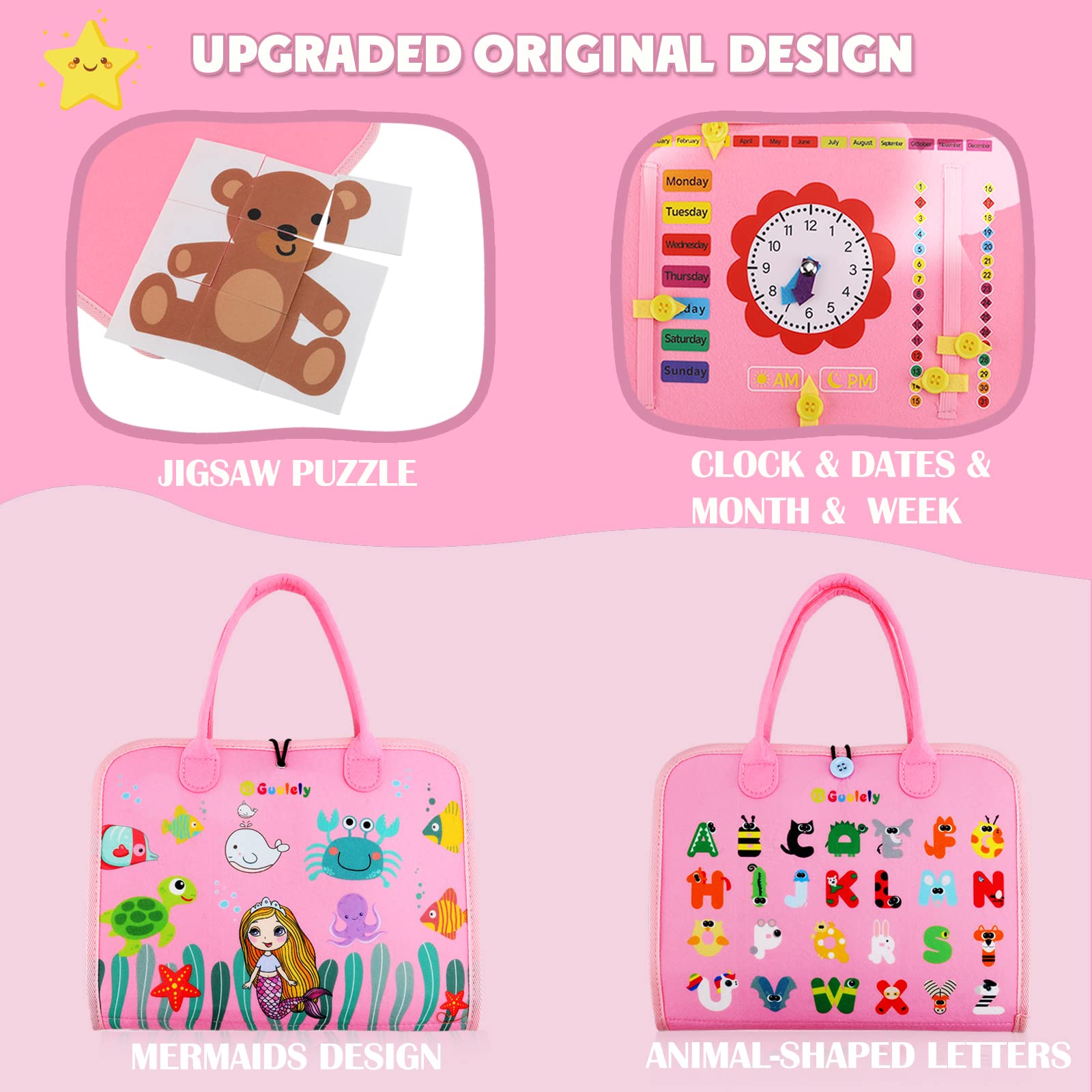 Guolely Busy Board Montessori Toy for 3-6 Year Old Toddlers - Educational Activity Developing Sensory Board for Basic Dress Fine Motor Skills - Travel Toys for Plane Car, Gift for Boys Girls