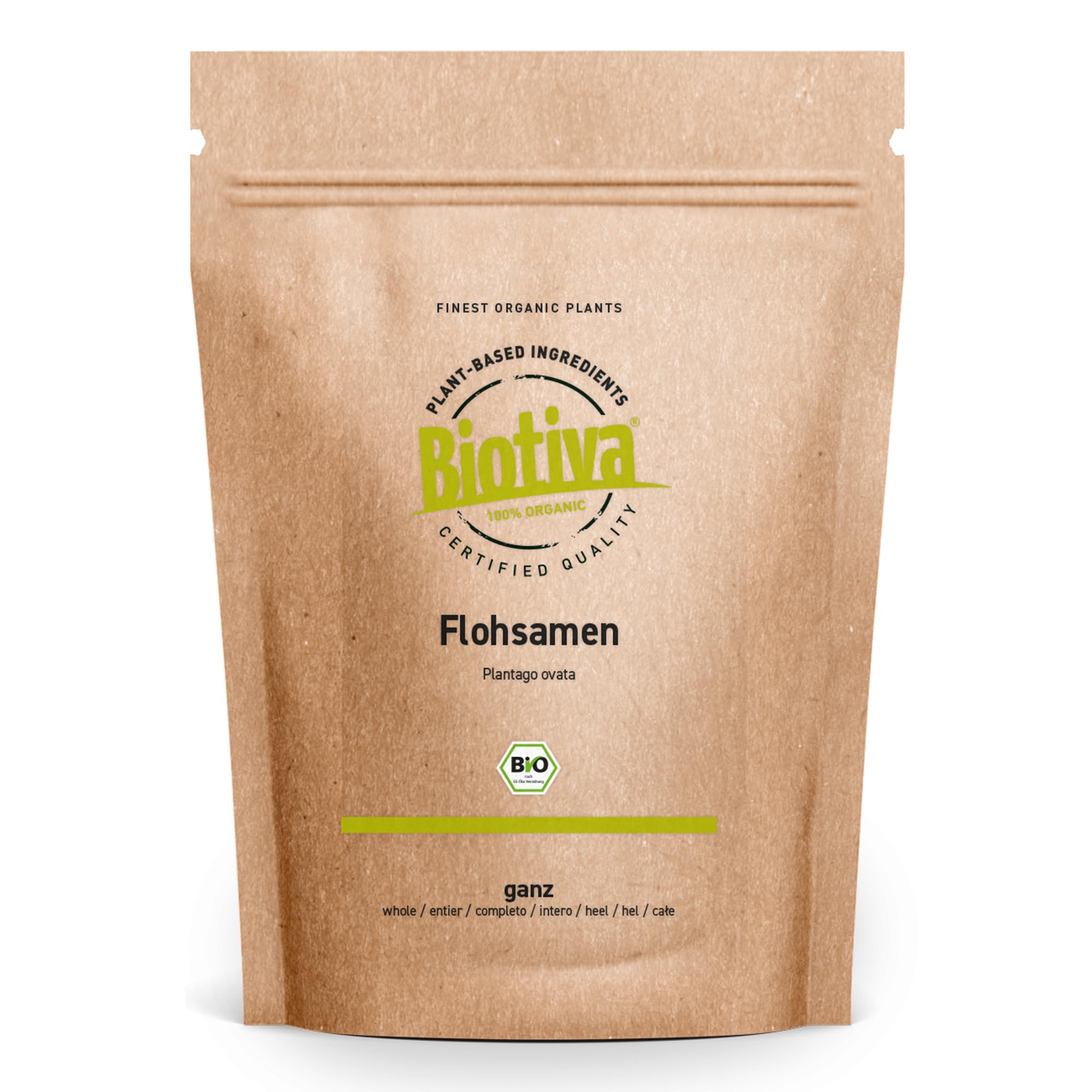 Flea Seeds Organic Whole 1kg - 99% Purity - Resealable Zip Closure - Lactose- and Glutenfree, Vegan - Packed in Germany