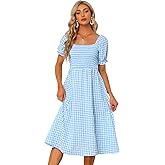 Allegra K Gingham Dress for Women's Peasant Smocked Puff Sleeve Checkered Fit and Flare Midi Dresses