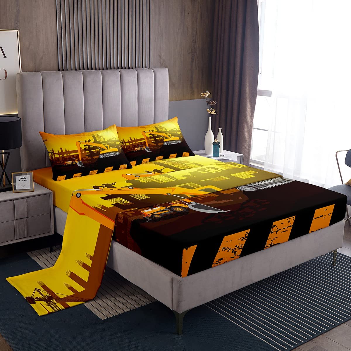 Excavator Bed Sheets Set Construction Site Cars Sheet Set for Boys Girls Children Equipment Trucks Fitted Sheet Construction Vehicles Single Size Bed Sheet Set with Deep Pocket