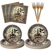 25 Sets Halloween Party Supplies: Disposable Dinner Plates (9in & 7in), Forks, Napkins - Complete Spooky Tableware Set for 25 Guests (gold)