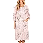 Bloggerlove House Dress Women Cotton Snap Front Nightgown 3/4 Sleeve Housecoat Duster Robe with Pockets Moomoo Patio Dress