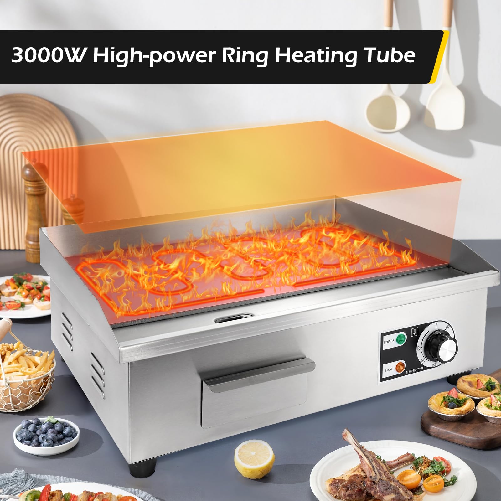 Dyna-Living Commercial Electric Griddle 22'' Flat Top Grill Countertop 3000W Stainless Steel Electric Griddle Nonstick Commercial Flat Top Griddle Countertop Grills, 122°F-572°F Temp Adjustable