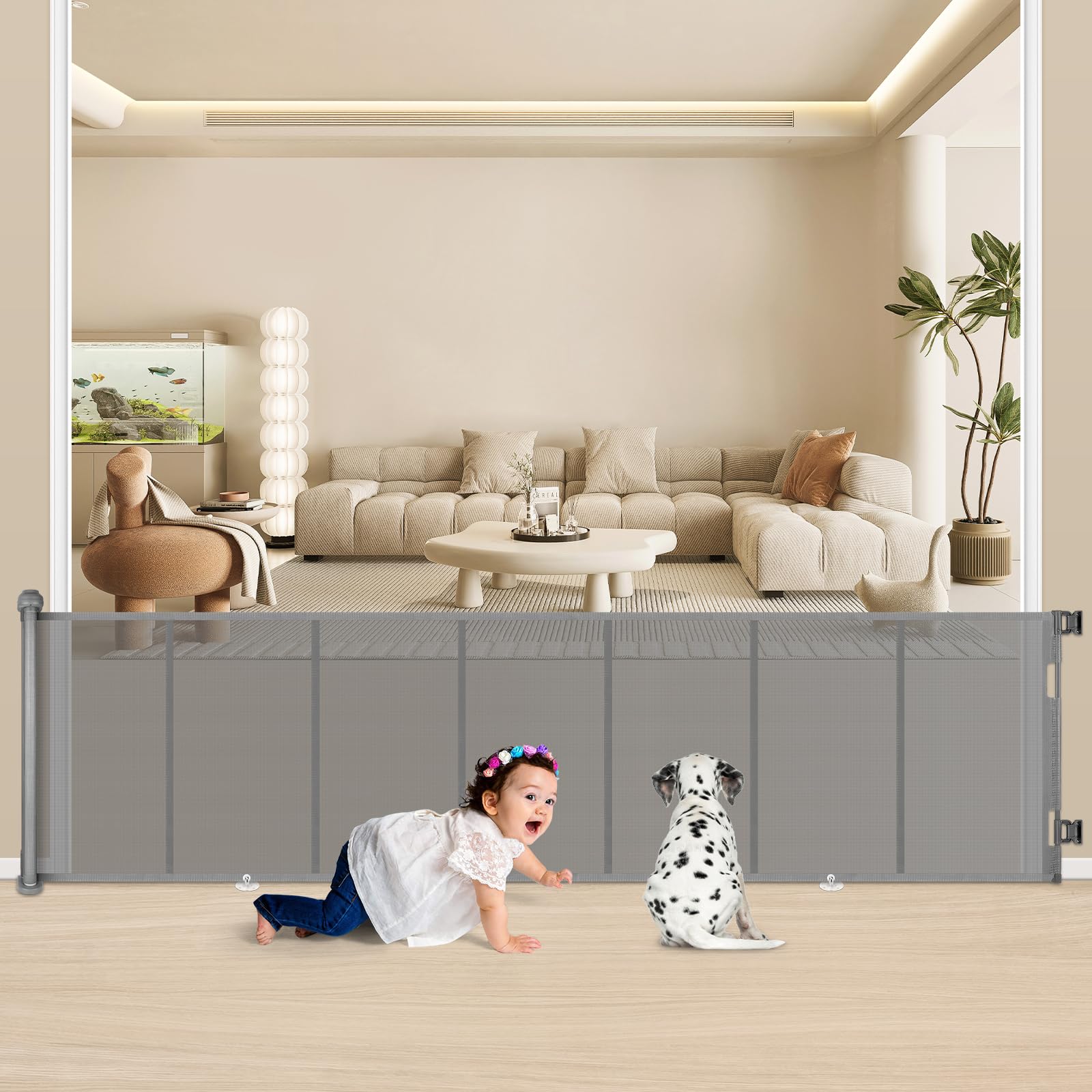 MYPIN Extra Wide Retractable Dog and Baby Gates - Indoor/Outdoor Stair Gates for Stairways, Hallways, Doorways(Grey, 300 X 86 CM)