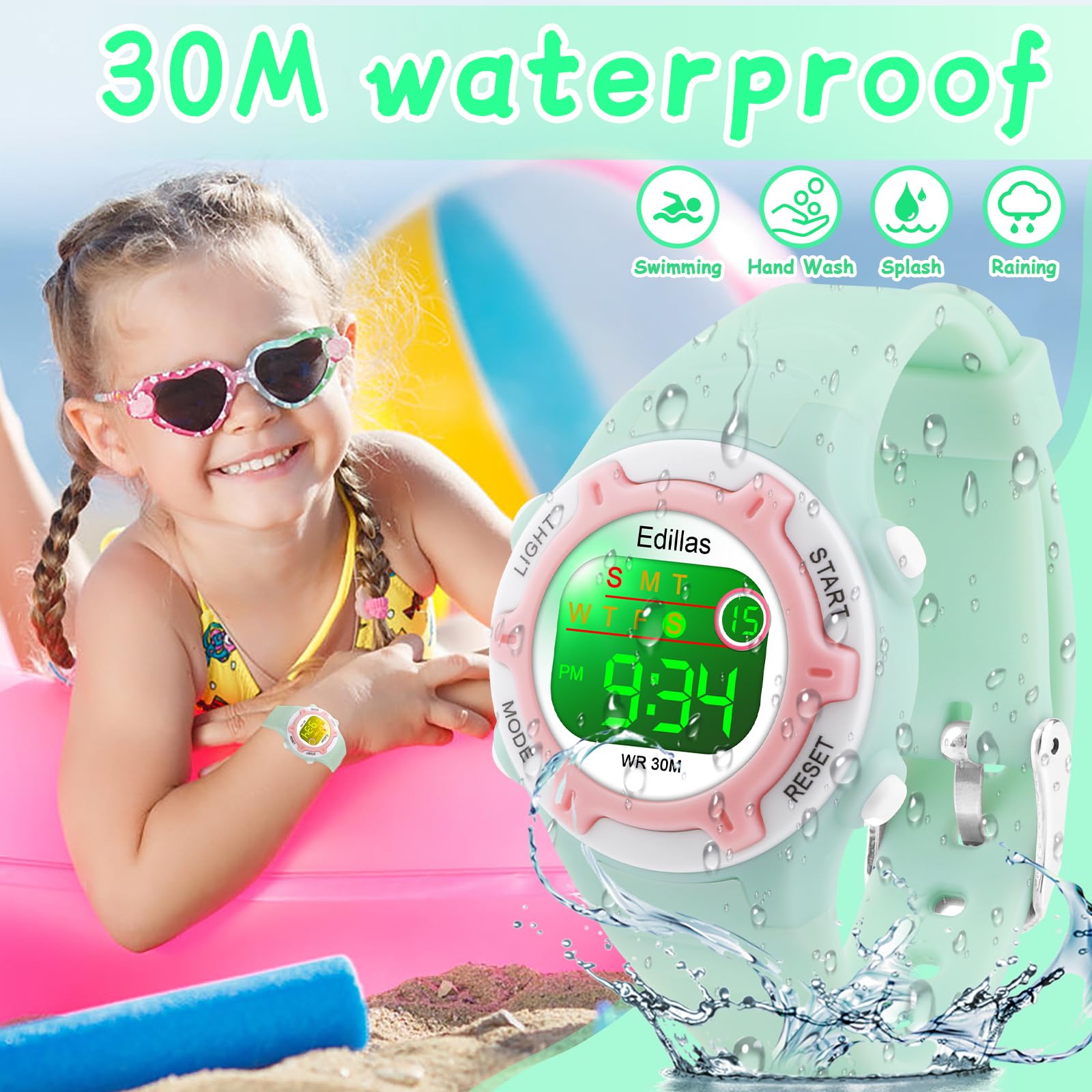 Edillas Kids Watches Digital Girls Boys,7 Colors Light Wristwatch for Child Waterproof Sport Outdoor Multifunctional with Stopwatch/Alarm for Ages 4-15 Green