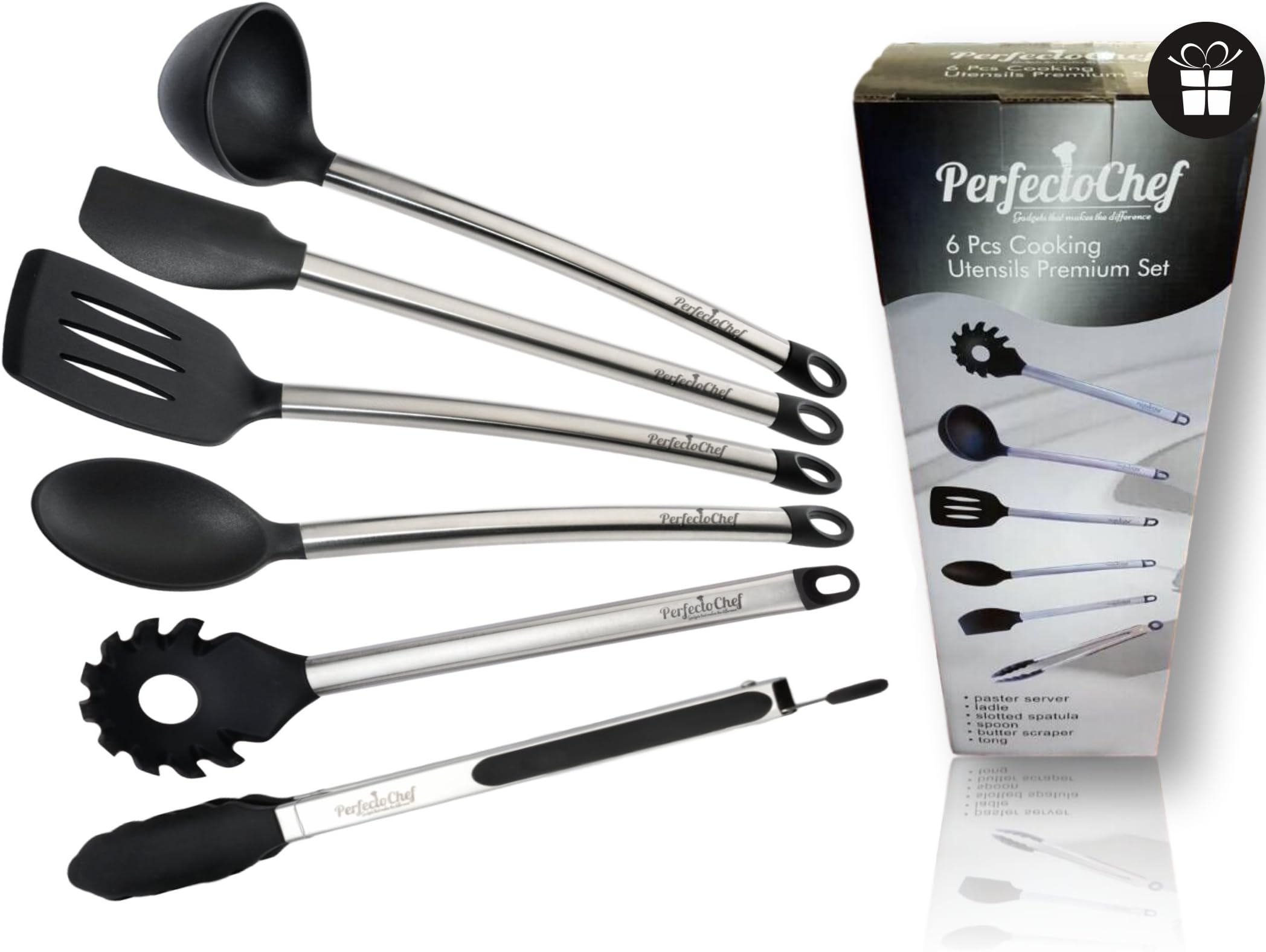 PerfectoChef ™ 6 Pieces Cooking Utensils Stainless Steel Premium Set, Including Paster Server, Ladle, Slotted Spatula, Spoon, Butter Scraper and 12" Silicone Tong, Perfect kitchen Gadgets
