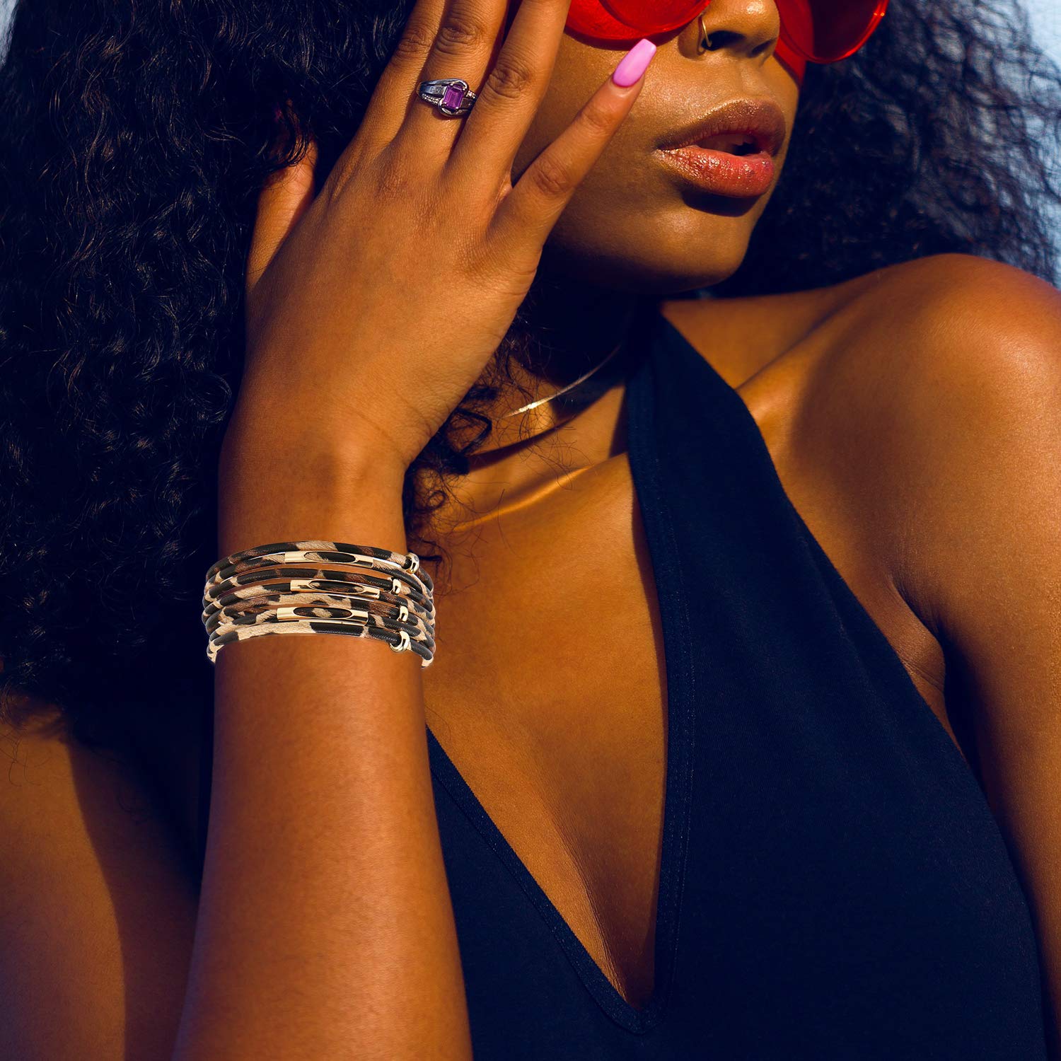 AgeXinjo 4 Pieces Leopard Jewelry Set Leopard Leather Bracelet Dangle Earring Acrylic Earrings Fur Long Necklace for Women-Oval