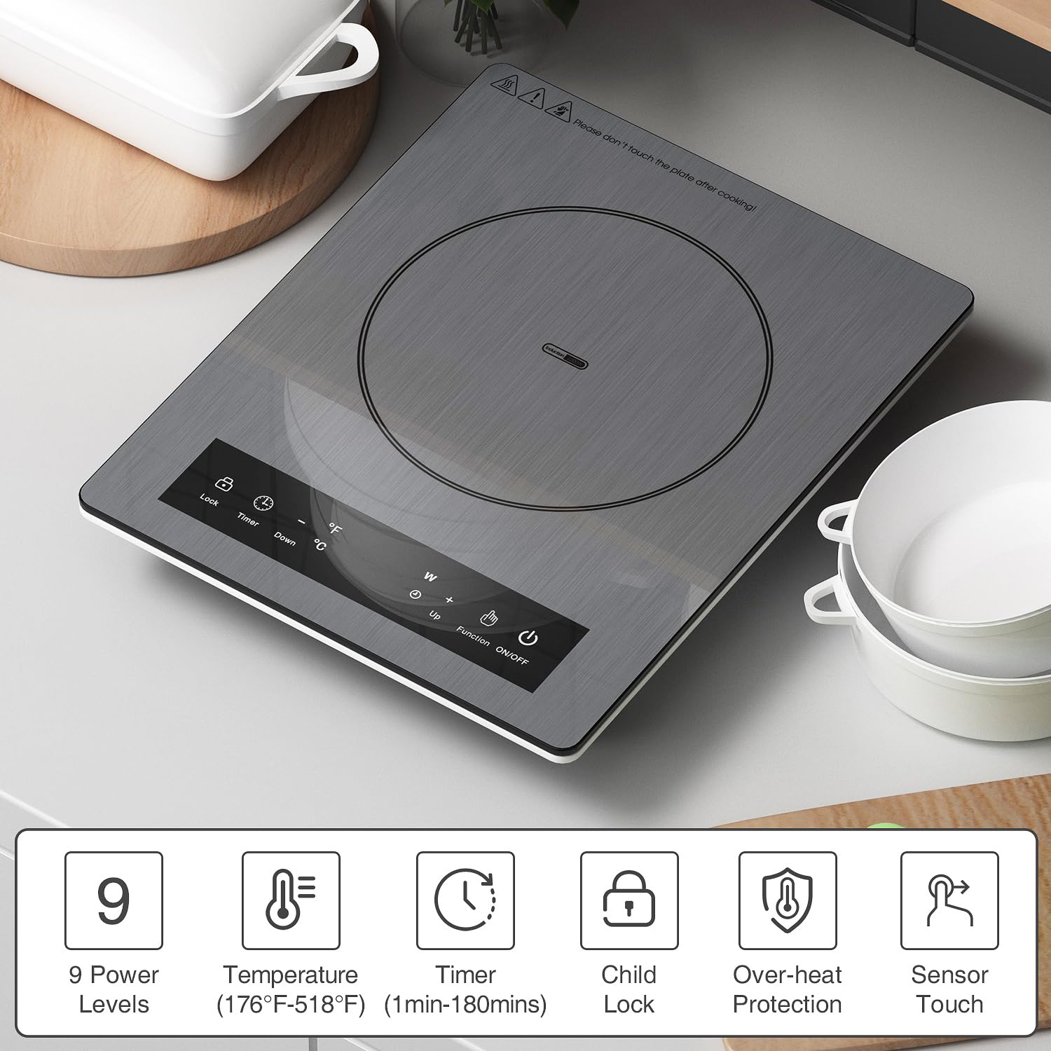 Portable Induction Cooktop 110v,1800W Countertop Single Burner Induction Hot Plate,ANHANE Electric Stove for Cooking,3-Hour Setting,Grey Crystal Glass Surface,Compatible with Magnetic Cookware