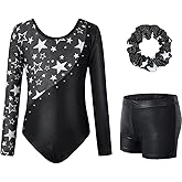 JiAmy Leotards for Girls Gymnastics, Long Sleeve Sparkly Dance Biketards with Shorts Ballet Tumbling Outfit for 3-12 Years
