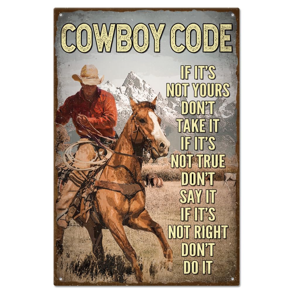 GLOBLELAND Cowboy Code Vintage Metal Tin Sign Plaque Poster 8×12inch Retro Metal Wall Decorative Tin Signs for Home Kitchen Bar Coffee Shop Club Orchard Decoration
