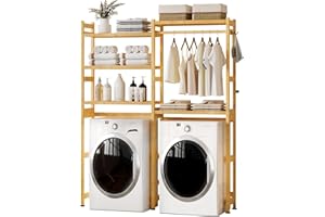 Cozivolife Over The Washer and Dryer Storage Shelf Bamboo,5 Tiers Laundry Room Drying Rack with Adjustable Shelves and 4 Hooks,Space Saver Organizer for Hanging Clothes and Towels (Natural)