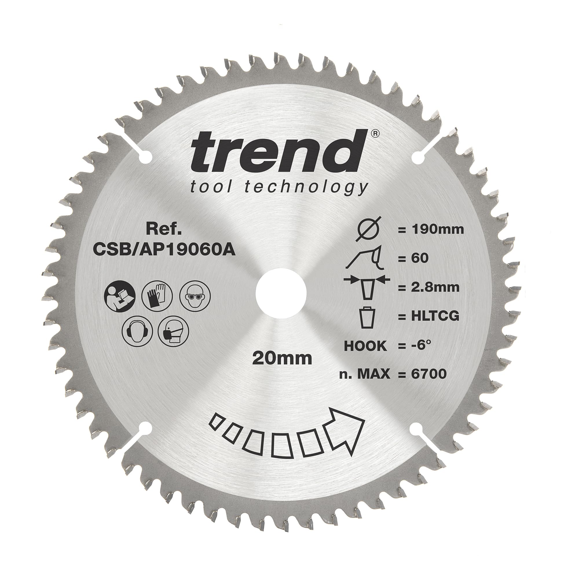 Trend Aluminium & Plastic Circular Saw Blade, 190mm Diameter, 30mm Bore, 60 Teeth, 2.8mm Kerf, -6° Hook, TCT, Extra-Fine Finish, CSB/AP19060